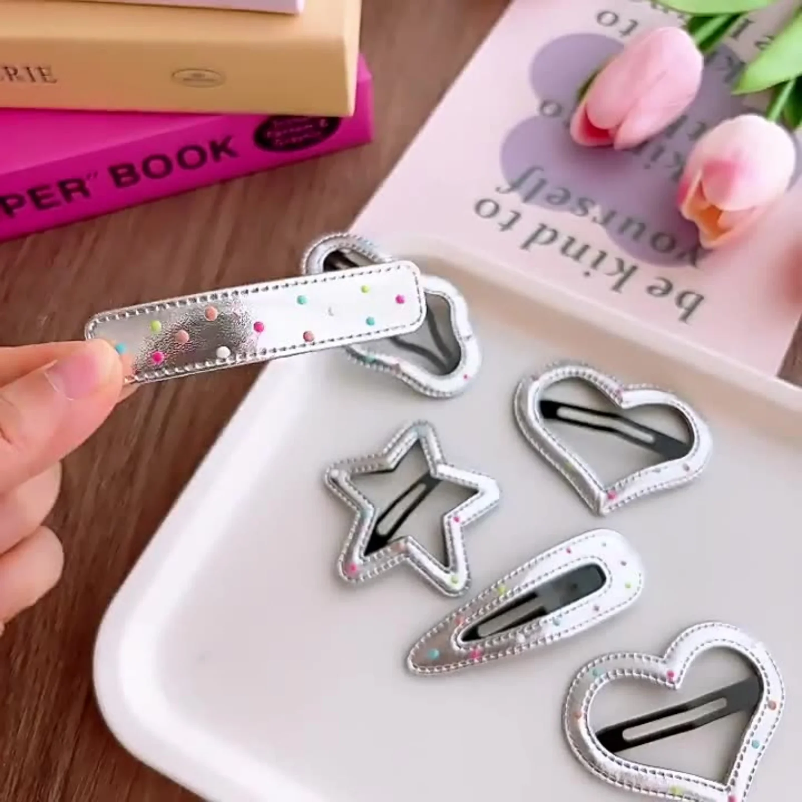 5Pcs Silver Glitter Hair Clips Set with Star, Heart, and Bar Shapes, Cute&Sparkly Hair Accessories Perfect for Girls' Stylish