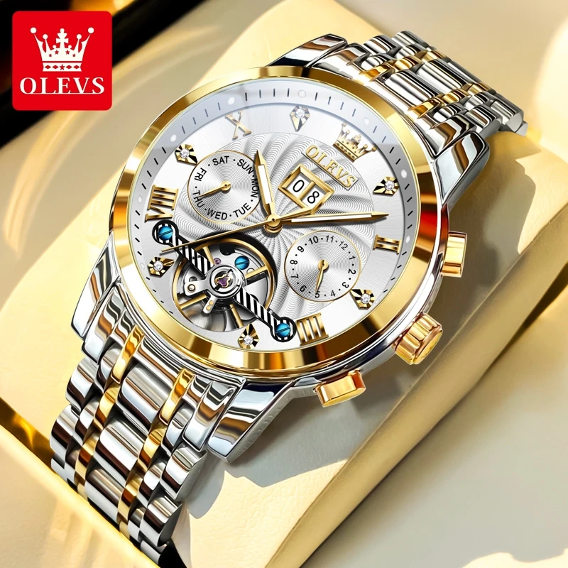 ตัวเลือกสินค้า OLEVS 9910 Mens นาฬิกาแบรนด์หรูกันน้ําส่องสว่างอัตโนมัตินาฬิกา Dual ปฏิทินนาฬิกากล่อง Reloj