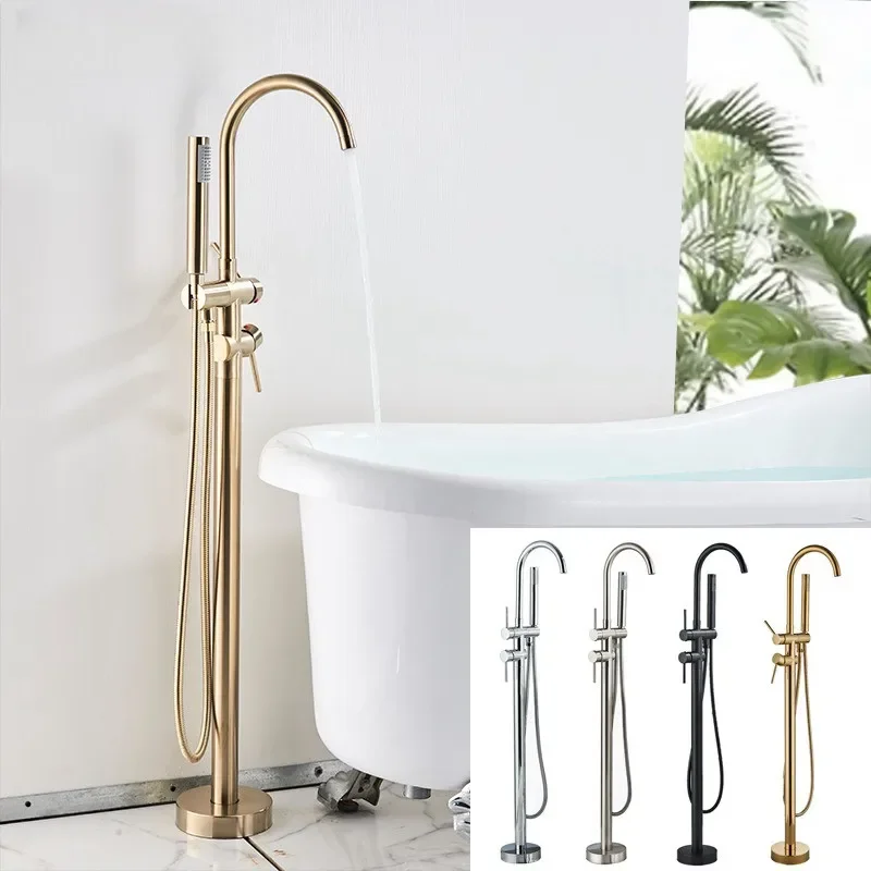 Senlesen Brushed Gold Bathroom Shower Flooring Standing Faucet Floor Mount Bathtub   Brass Dual Handle Tub Mixer Tap