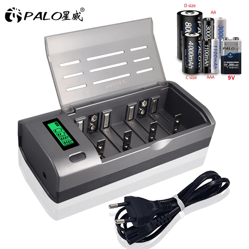 Battery Charger PALO Multi Usage 4 Slots LCD Display Battery Charger For Nimh Nicd 1.2V AA AAA C D Size or 9V Rechargeable Battery Quick Charger charger adapter battery charger battery charger adapter