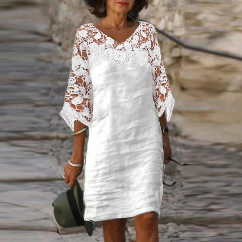 

Women V-Neck Loose Stitch Lace Dresses Lady Elegant Embroidered Hollow Vintage Dress Casual 3/4 Sleeve Solid Midi Dresses 2023