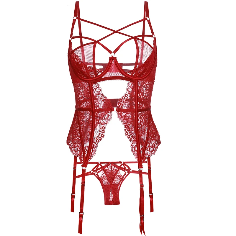 Red Bridal Bandage Sexy Lingerie Retro Openwork Push Up Underwear Splicing Mesh Bra Slim Top Corset and Panty Body Shaper