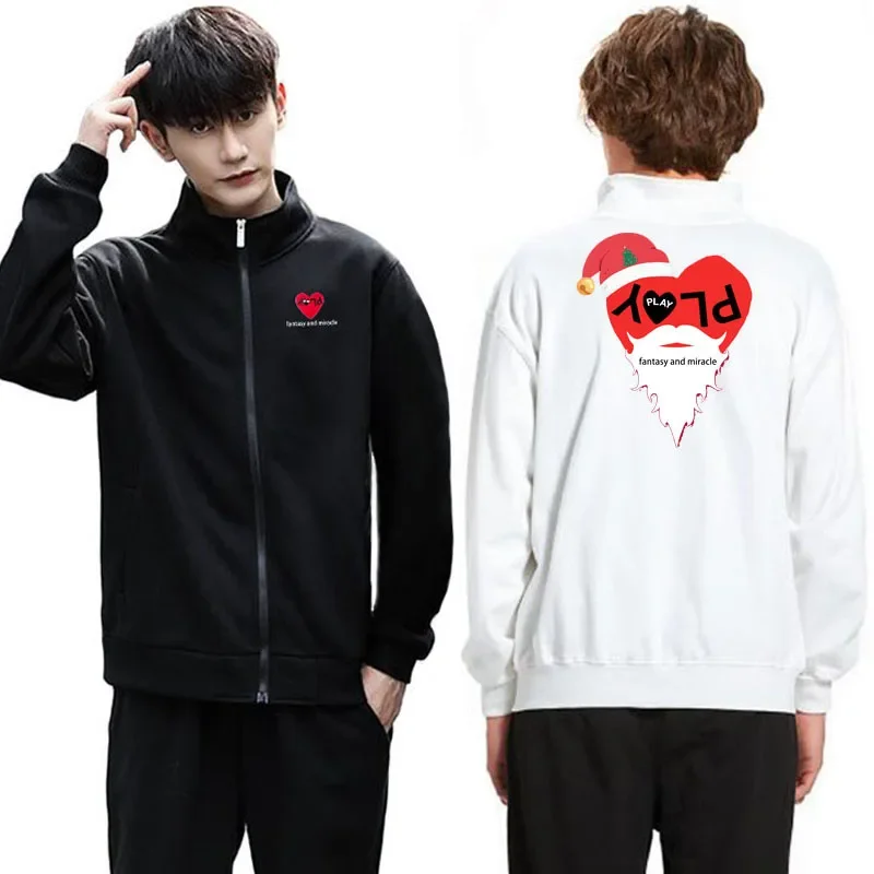 

Jacket Men Women Cotton Autumn Heart Letter Embroidery Back Christmas Printing Velvet Lapel Zipper Pocket Fit Casual Hoodie