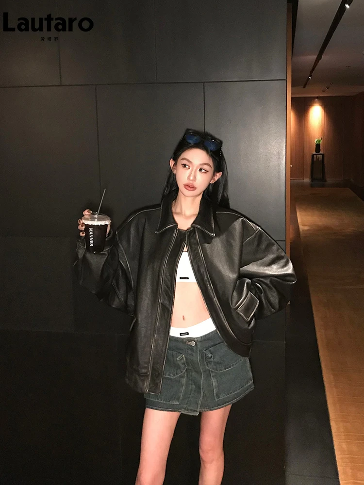 Lautaro Spring Autumn Cool Handsome Retro Oversized Distressed Brown Soft Faux Leather Jackets for Women Zipper Runway Fashion 5