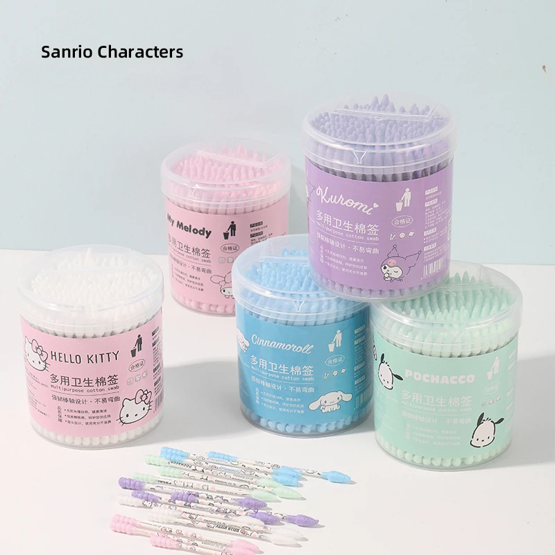 

180pcs Sanrio Hello Kitty Kuromi Cinnamoroll Sanitary Swabs Ear Cleaning Makeup Cotton Swabs Double Head Disposable Multipurpos