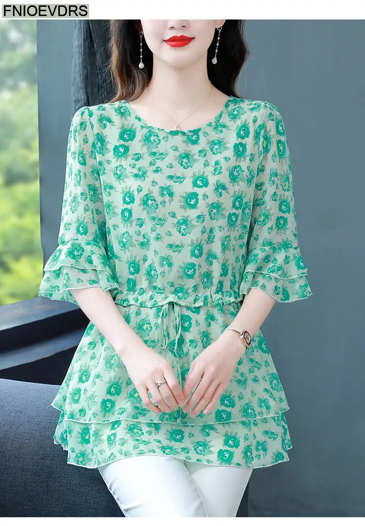 S-4XL Loose Clothes 2023 Women Summer Short Sleeve Elegant Ruffles Shirts Casual Chiffon Floral Tunic Peplum Tops And Blouses