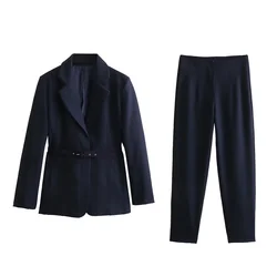 Taop&Za 2024 Women's temperament belt design suit jacket/high waisted solid color cropped pants suit pants set