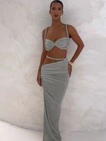 Weird Puss Bandage Ruched 2 Piece Set Women Square Collar Bra+Skinny Long Skirts 2025 Summer Vacation Beach Party Trend Suits - Image 5