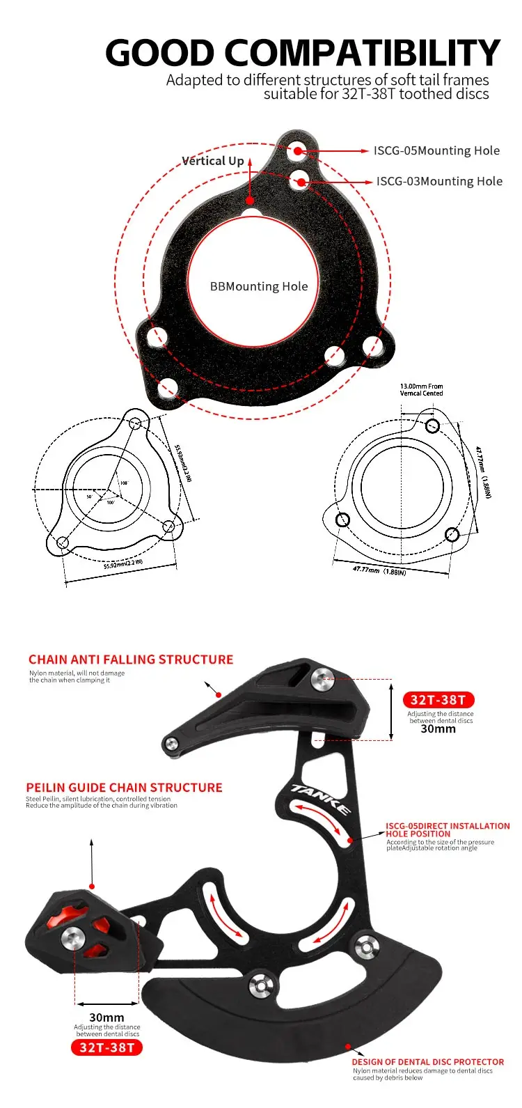 TANKE Fahrradkettenführung ISCG 03/05 BB-Montage MTB Einzelkettenblatt 32-38T 1x Fahrrad-System Kettenblatt-Schutzplatte aus Aluminium – Detail 5