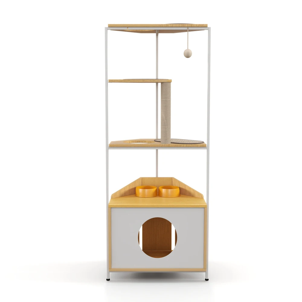 Corner Cat Tower, Cat Tree Scratching Post Condo with Feeding Station and Climbing Platforms Pet Furniture for Indoor Cats