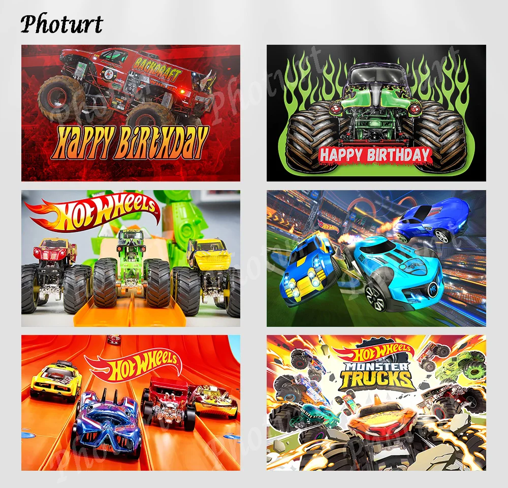 Photurt Hot Wheels Monster Trucks Fondale Kids Birthday Photography Banner Game Race Car Photo Background Puntelli In Vinile Di Poliestere