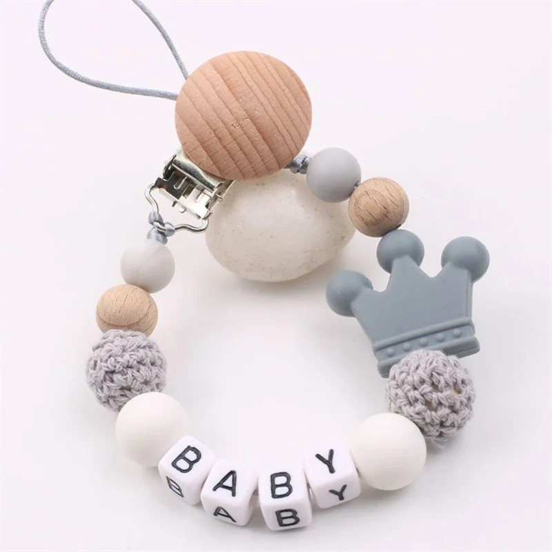 Tanie New Pacifier Clip Handmade Beech Wooden Chain Silicone Crown Holder
