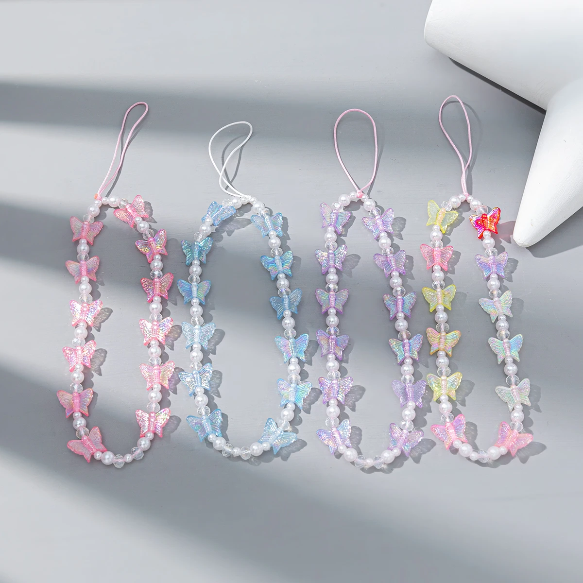 2-Pack Cute Beaded Phone Straps - Butterfly & Flower Phone Lanyards With Strawberry Charm For Girls