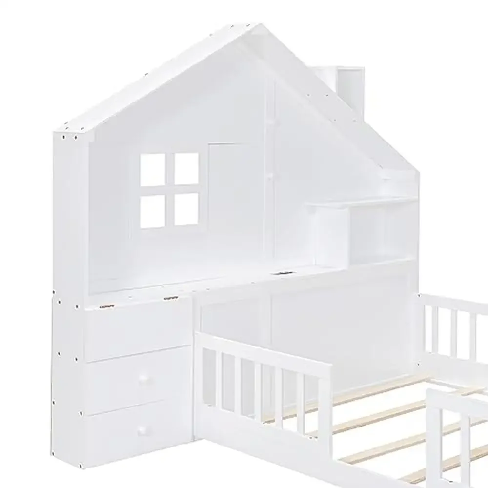 Kids Wood Montessori Floor Bed with Rails Stunning House Design Bedside Drawers Window USB Port Full Size Durable Pine Frame 6