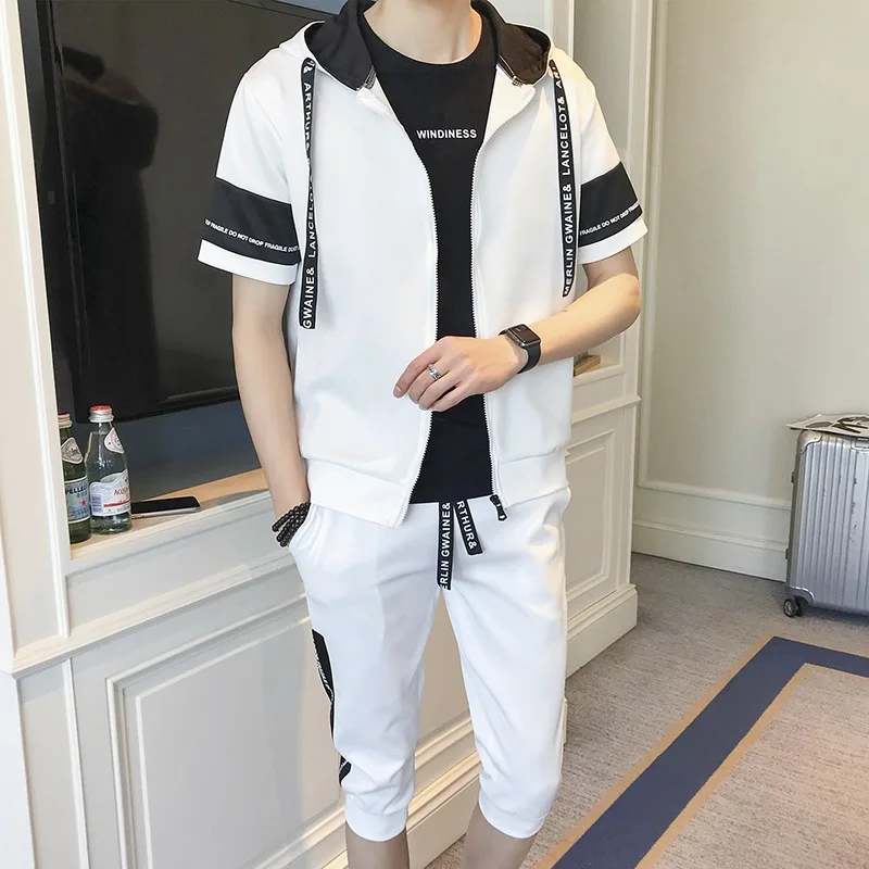 Spring Men Hooded Sweatshirts Thin Style Short Sleeved Youth Casual Patchwork Short Sleeved Motion Vintage Trend Two Piece Set