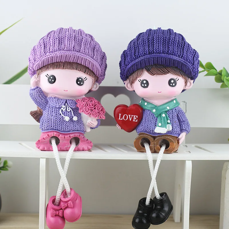 2pcs/set Miniature Ornaments Resin Dolls Hanging Feet Boy Girl Lovers Couple Figurines Craft Wedding Accessories Birthday Gifts 