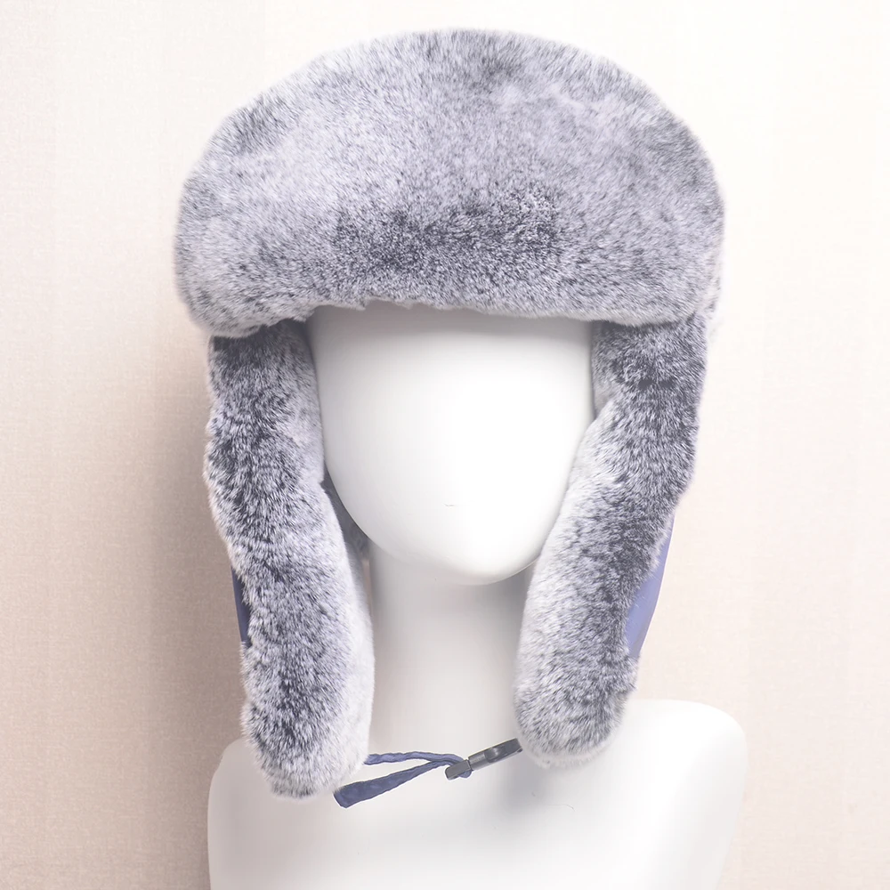 

2024 New Style Women Real Rex Rabbit Fur Bomber Hats Outdoor Winter Men Warm Russian Ushanka Hat With Ear Flap Rabbit Fur Cap