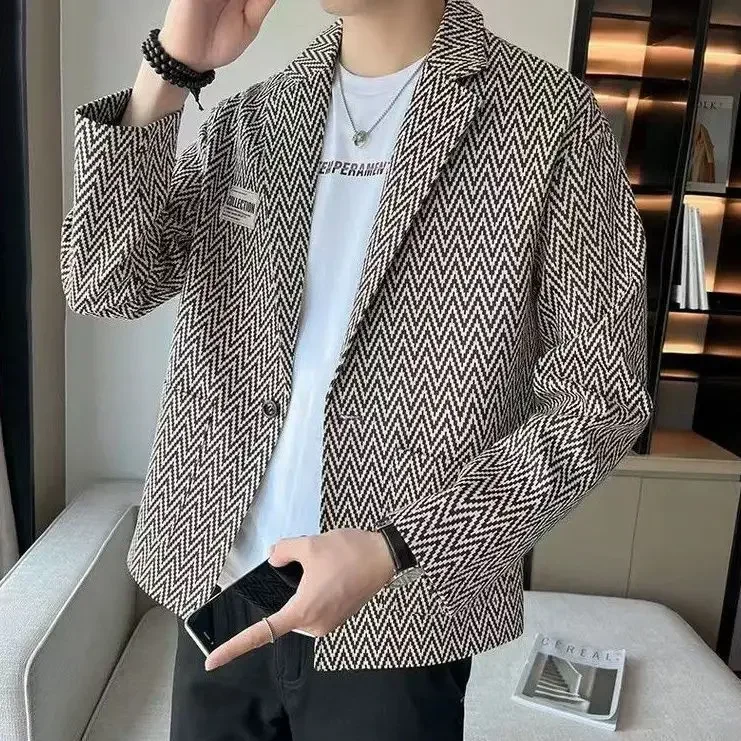 thumbnail image 1 of Trajes y blazers de tweed para hombre, chaqueta corta de fiesta recortada para hombre, abrigos sencillos con botonadura nueva, de alta calidad, estilo coreano original, 1 of 5