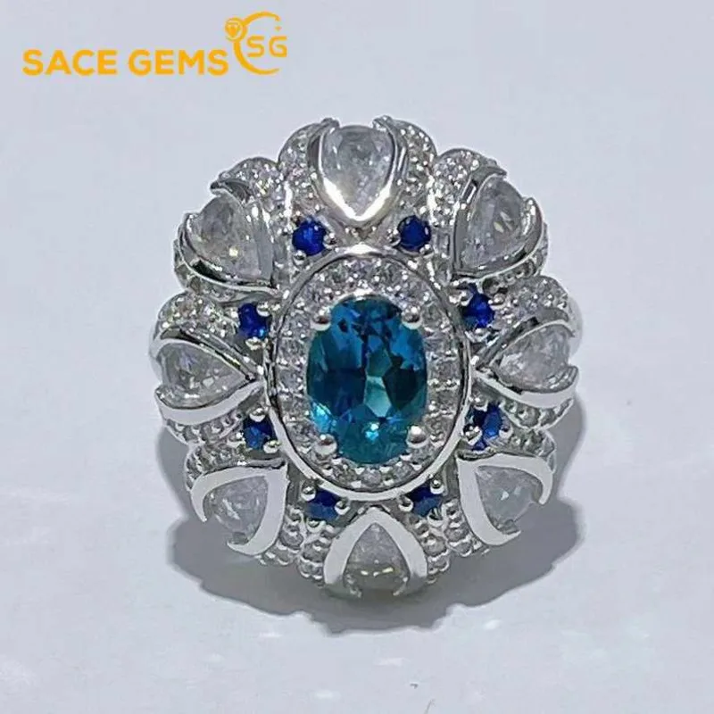 

SACE GEMS New Trend 925 Sterling Silver Raw 5*7MM Natual London Blue Topaz Rings for Women Engagement Cocktail Party Fine Jewelr