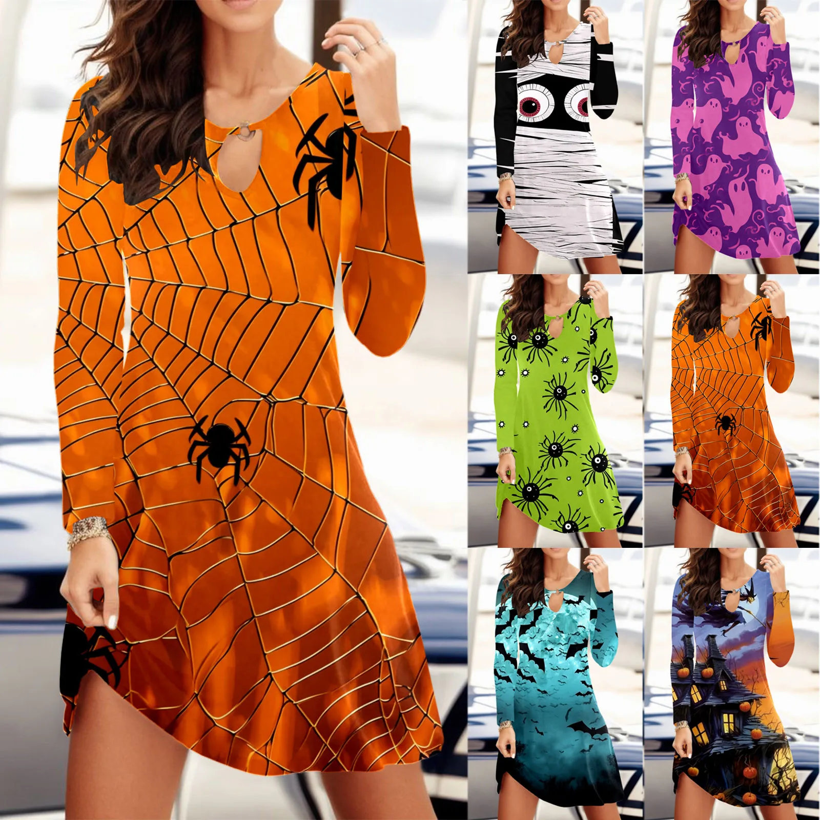 

Women Autumn And Winter Casual Fashion Hollow Ring Button Printed Long Sleeve Summer Midi Dress V Neck Short Dresses for Women