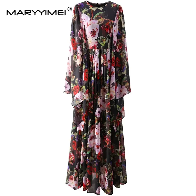 

MARYYIMEI Fashion Women's New Classic Vintage Round Neck Flying Sleeved Pink Printed High Quality Shaggy High-Waisted Maxi Dress