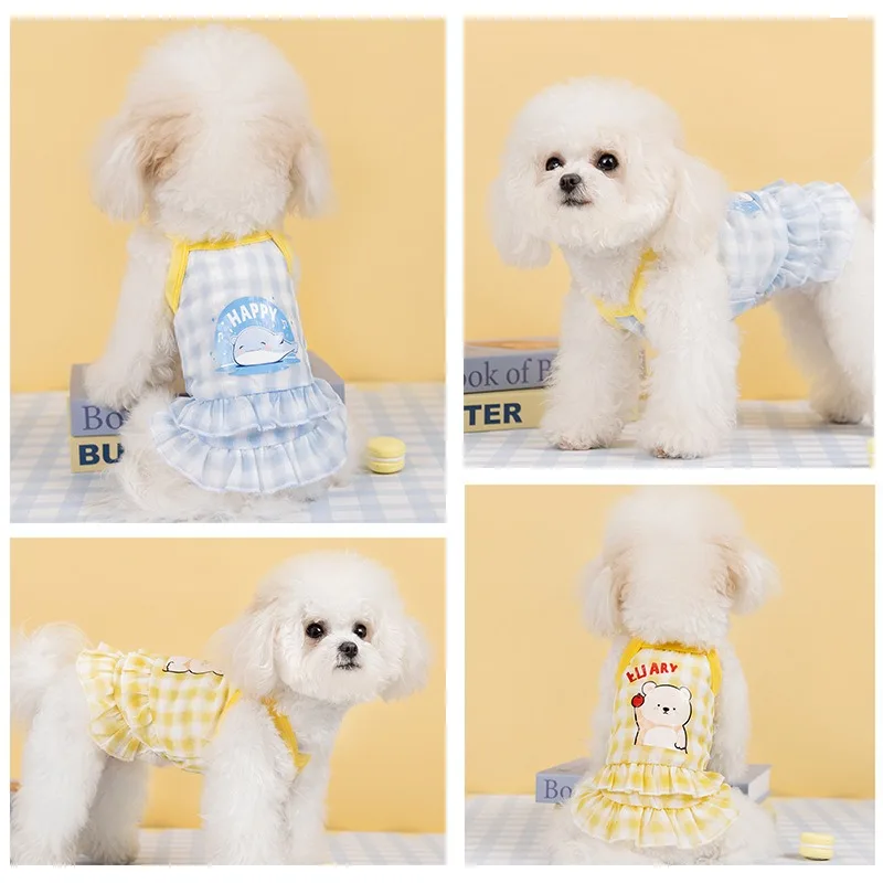 Spring Puppy Clothes Macaroon Plaid Cartoon Pet Halter Dress Breathable Mesh Dress Teddy Pretty Clothes Pet Supplies