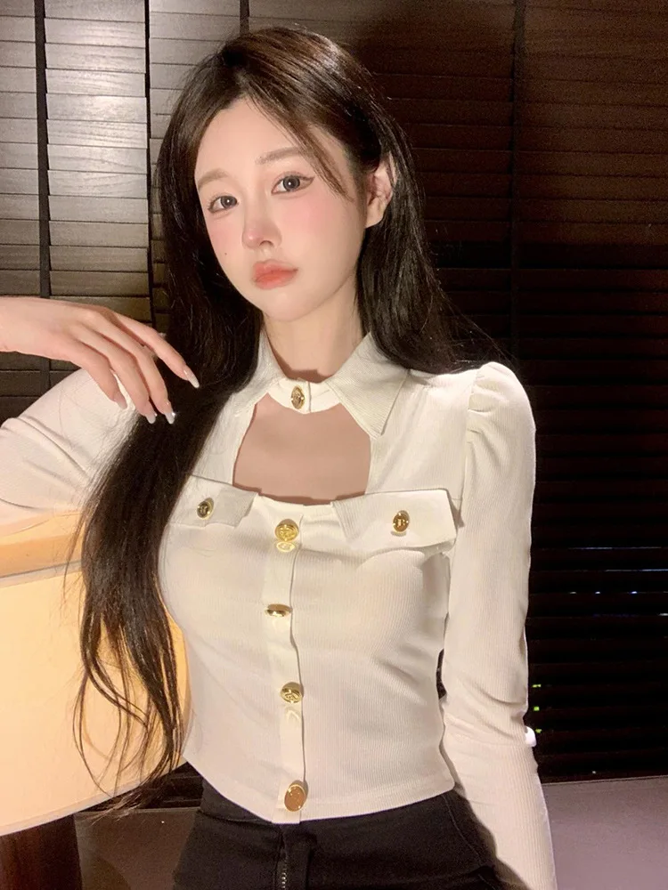 

New Short-style Metal Button-down Long-sleeved T-shirt Female Autumn Coat