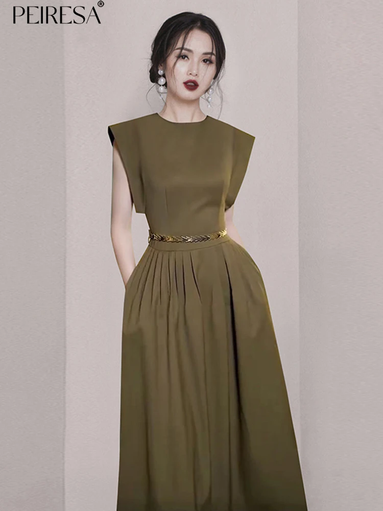 

PEIRESA High Quality Vintage Office Lady Sleeveless Midi Dress For Women O Neck Pocket Pleated Slim Waist Lace Up Dresses Summer