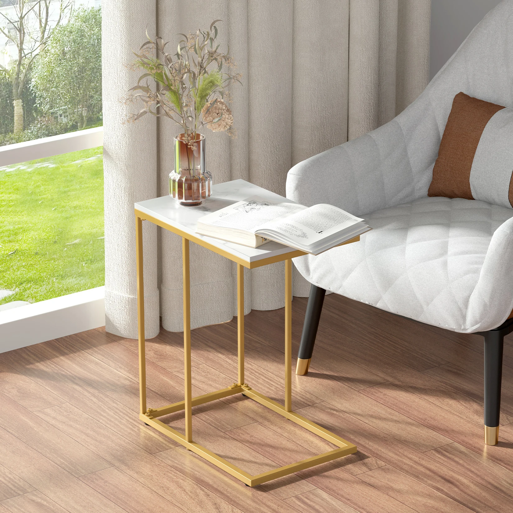 C Shaped End Snack Side Table Under Couch with Marble Top for Sofa Coffee Laptop Living Room Bedroom Small Space - 4