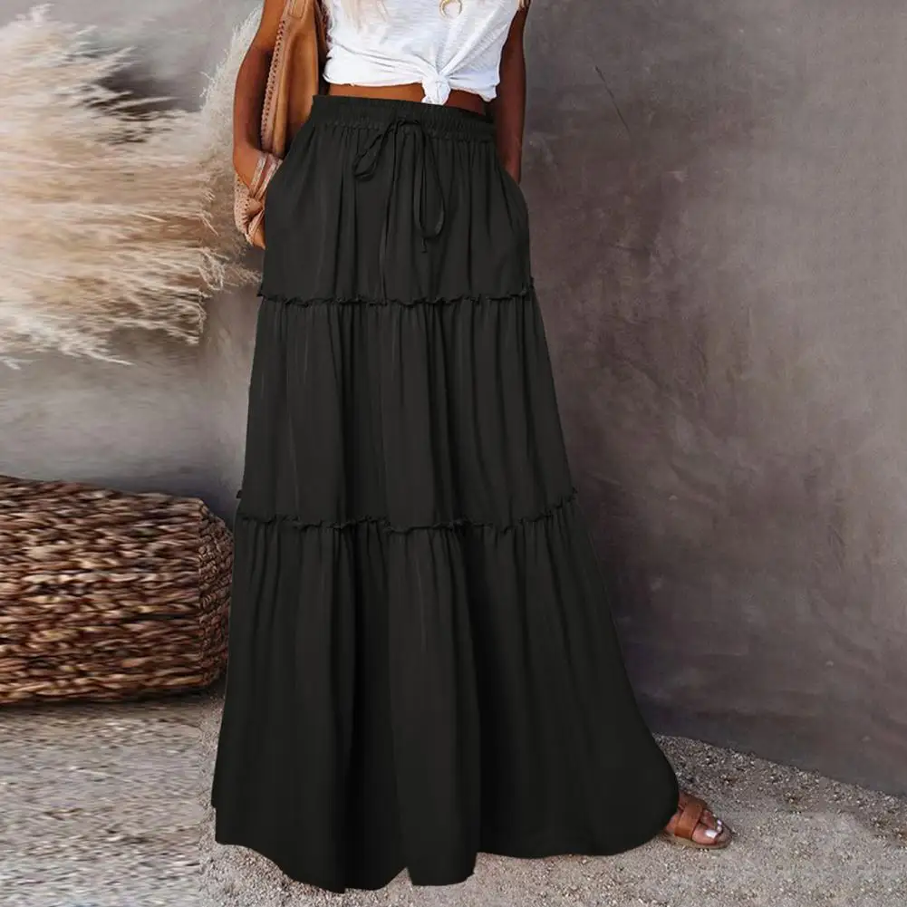 

Adjustable Waist Tie Maxi Skirt Elegant Women's High Waist Maxi Skirt with Elastic Waistband A-line Silhouette for Holiday