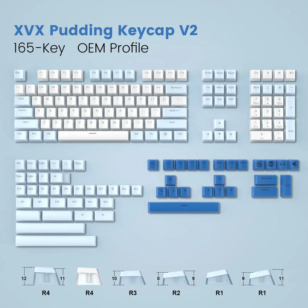 Pudim Pbt Keycaps Double Shot Azul Branco Perfil Oem Alfândega Keycap para 100 75 65 60 Teclado Mecânico 165 Key Set - Imagem 6