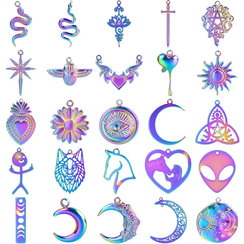 

5pcs Rainbow Flower Moon Charm Pendant Jewelry Making Supplies DIY Necklace Earrings Bracelets Stainless Steel Charm Accessories