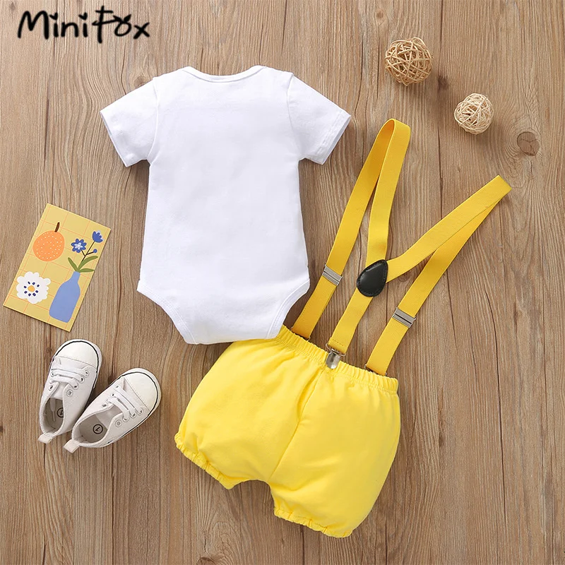 MiniFox Baby Boys Birthday Outfit For One Years Number"1“ Bodysuit and Y-back Suspender Shorts 1 Year Birthday Cake Smash Sets 6