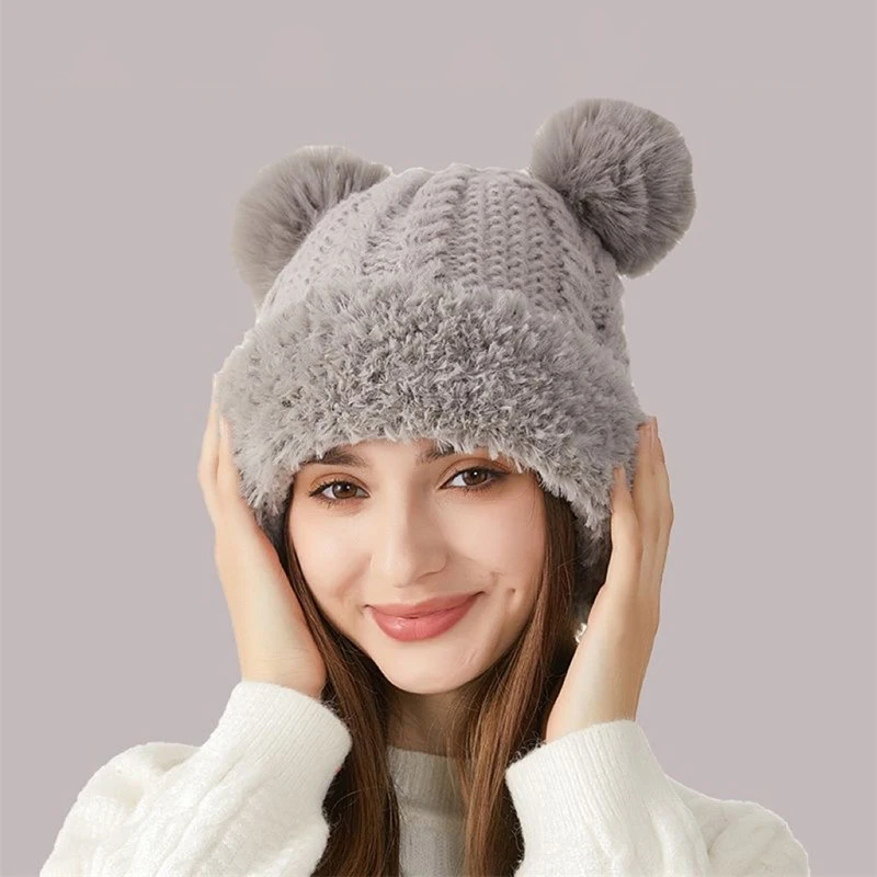 Winter Warm Knitting Hat For Women Double Pompom Thick Plush Cap Solid Color Ladies Anti-cold Ski Snow Beanie 5