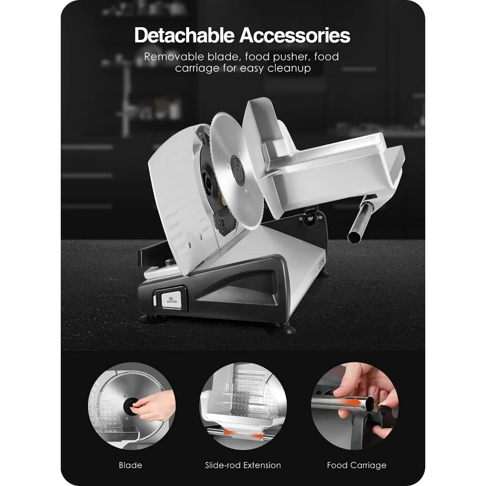 Meat Slicer 200W Electric Deli Food Slicer with 2 Removable 7.5" Stainless Steel Blade, Adjustable Thickness for Home Use, 4