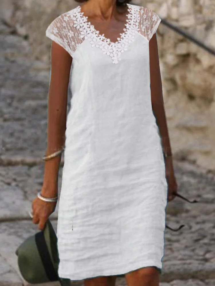 

Vintage Dress Cotton Women Clothing Summer Lace Patchwork Casual Chic Tunic Fashion Oversize Midi White Dresses Vestidos