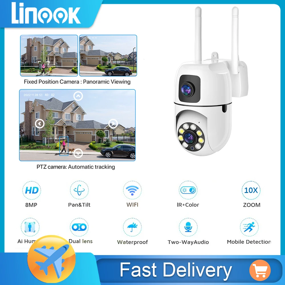 

Двухобъективная камера Linook YILOT, камера видеонаблюдения 360,Wi-Fi,full HD 8 Мп наружная IP-камера безопасности, камера видеонаблюдения, с Умной цветной ночной камерой
