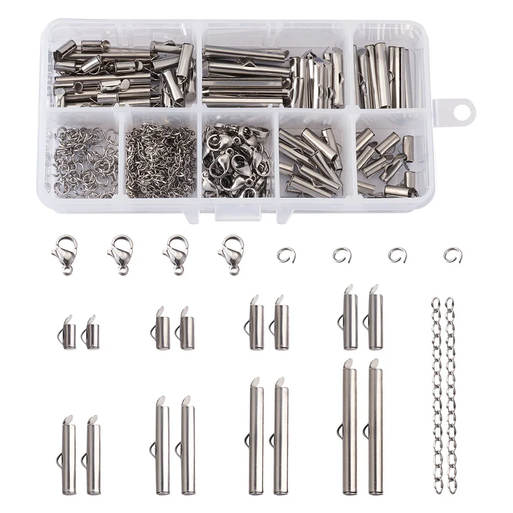 

260pcs/box Stainless Steel Crimp End Beads Slide On End Clasp Buckles Tubes Jump Rings Lobster Claw Clasps DIY Jewelry Making