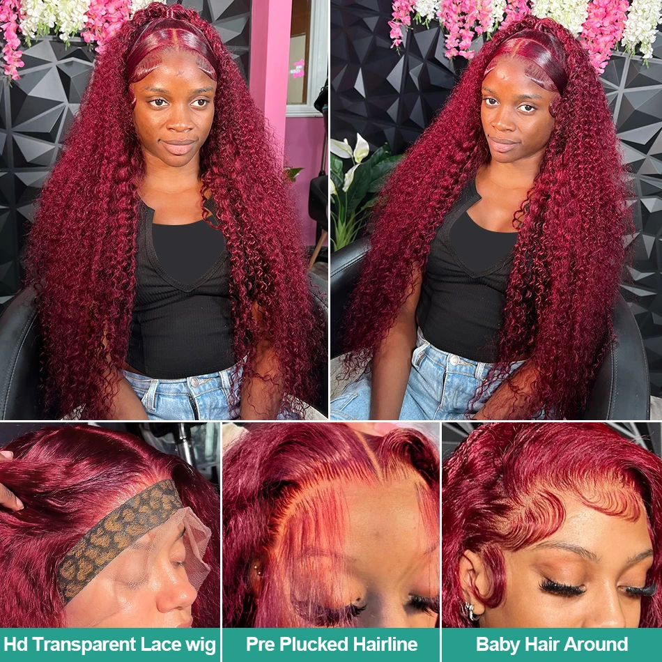 High Density 30 40 Inch 99J Burgundy Deep Wave 13x4 Lace Front Human Hair Wig 13x6 Lace Frontal Red Curly Wigs Remy For Women