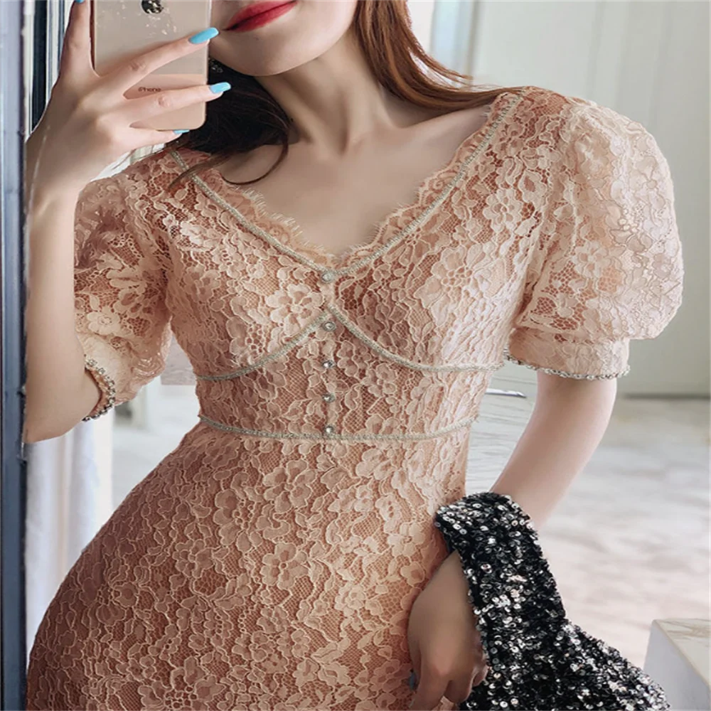 

Elegant Dress Women Lace v neck Dress Puff Sleeve White Long Beach Dress party