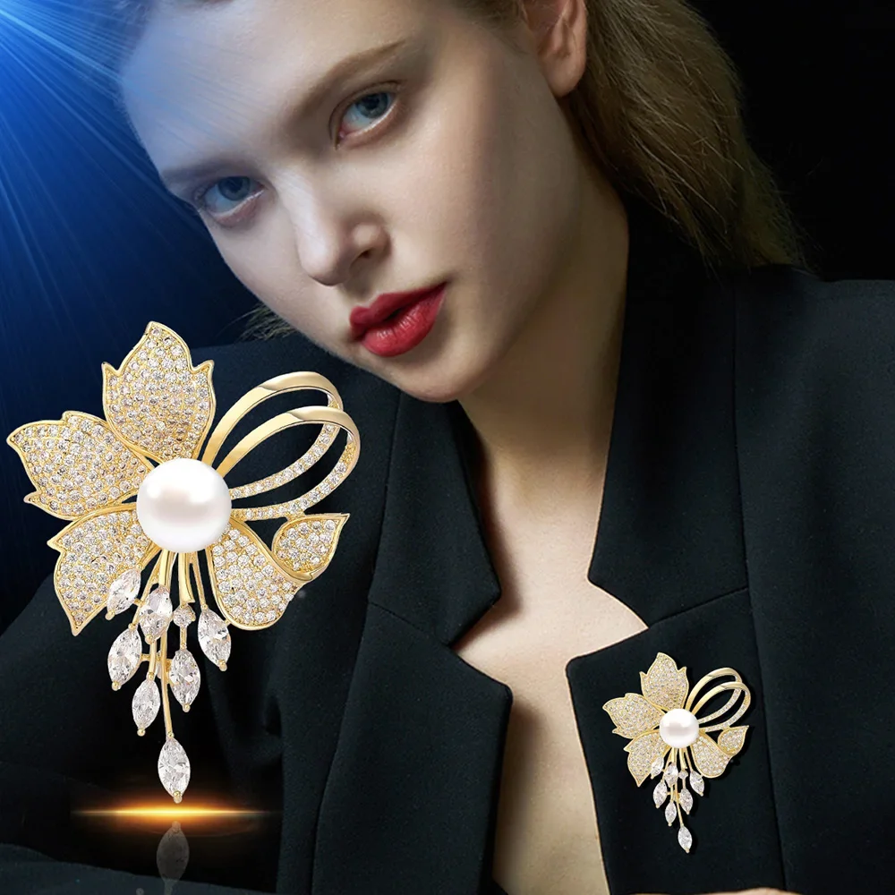 

Luxury Brooch for Women Pearl Inlaid zircon Flower Brooches ladies Coat Pins Copper Jewelry Wedding bridesmaid Accessories Gifts