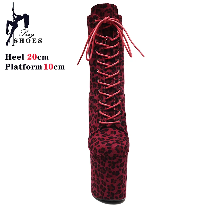 Sexy Fetish Leopard 20cm/8Inch Women's high-heeled Ankle Boots Lace-up Zip Platform Suede Pole Dance Shoes Large Size 44 WESTERN