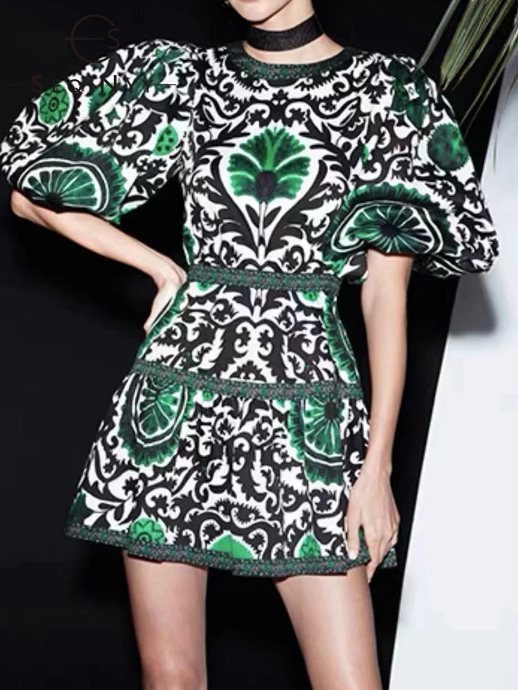 

Винтажное мини-платье SEQINYY с поясом, летнее, весеннее, новое, модное, дизайнерское, женское подиумное, ТРАПЕЦИЕВИДНОЕ, повседневное, с коротким рукавом и зеленым цветочным принтом
