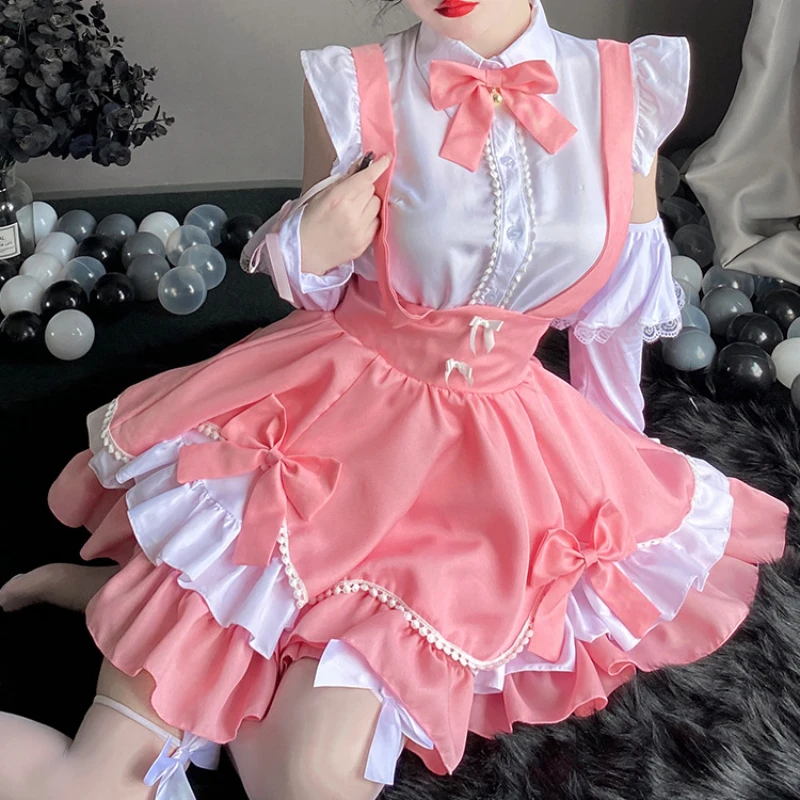 Sweet Pink Lolita Dress Japanese Kawaii School Girl Maid Cosplay Costumes Bunny Role Play Halloween Waitress Uniform