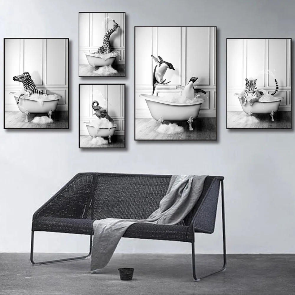 

6style Retro art bathroom animal Canvas painting lovely penguin elephant zebra giraffe Bathroom wall art poster home decoration
