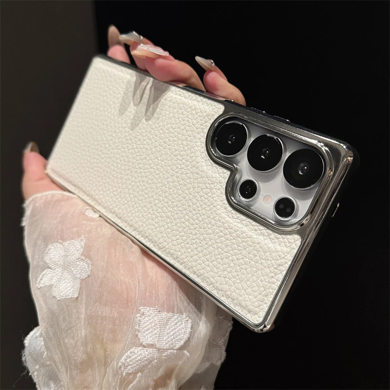 Luxury Electroplated Lychee Pattern Leather Phone Case - Matte Shockproof Cover