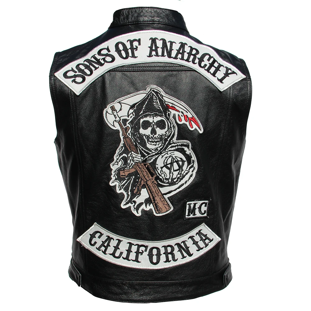of Sons Anarchy Embroidery Motorcycle Biker Men Genuine Leather Sleeveless Jacket Real Cowhide Club Vest Riding 6XL