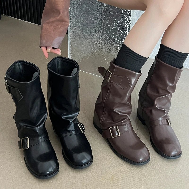 

Женские короткие ботинки в западном стиле, Осенняя обувь с пряжкой и ремешком, женские модные современные ботильоны с круглым носком на каблуке, 2023