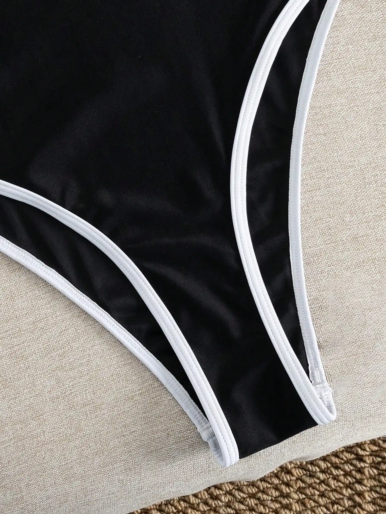 Women's Black One-Piece Swimsuit with White Trim, Low Back High Cut Cheeky Bathing Suit, Summer Beach Swimwear for Vacation 3