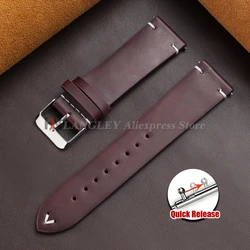 Vintage Oil Wax Leather Watch Band - Brown & Black Cowhide Quick Release Bracelet - 22mm (Red - Silver)